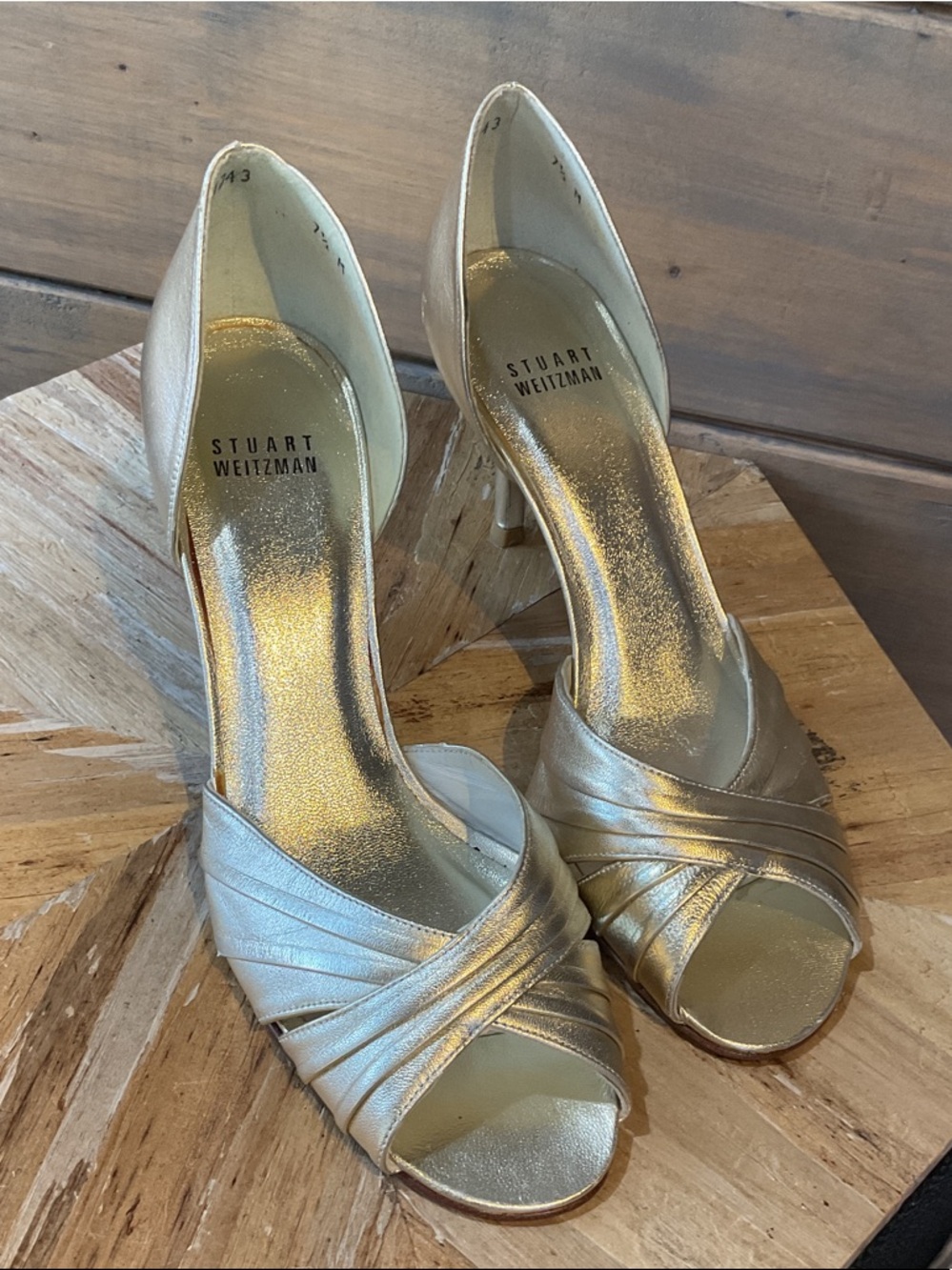 Stuart Weitzman Metallic Gold Peep-Toe Heels